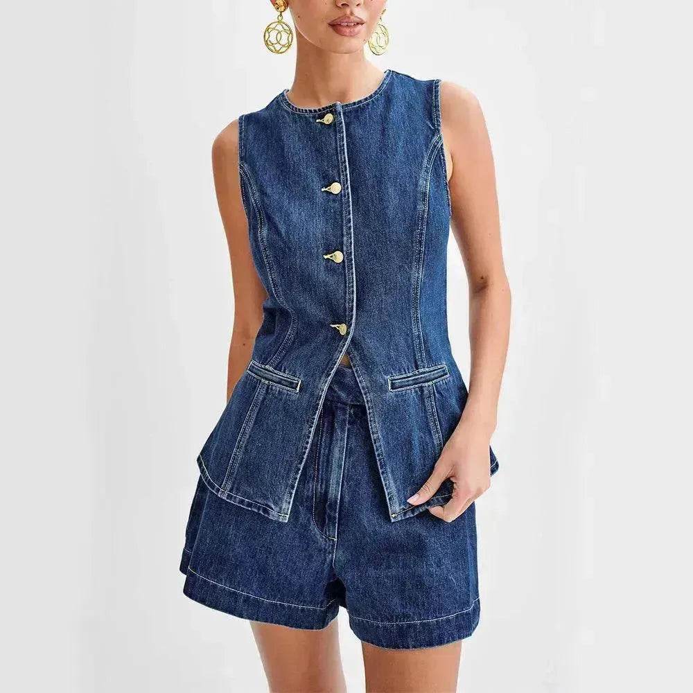 Fashion Denim Suit Summer Casual Sleeveless Button Vest Top And High Waist Shorts Set For Women