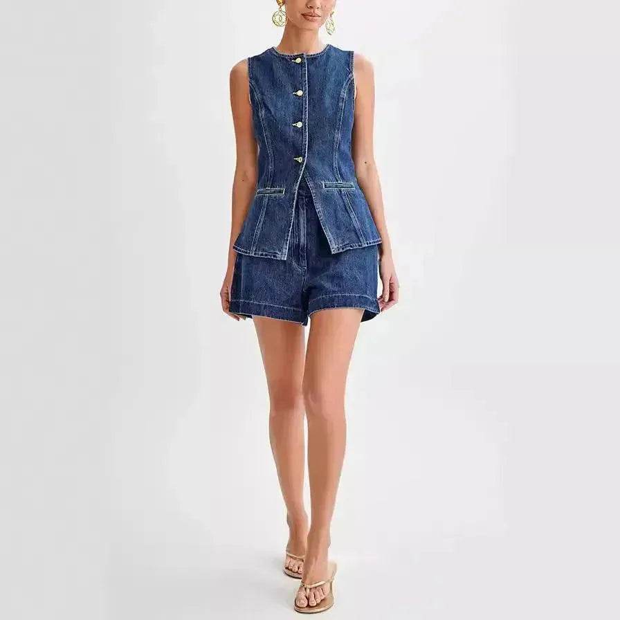 Fashion Denim Suit Summer Casual Sleeveless Button Vest Top And High Waist Shorts Set For Women