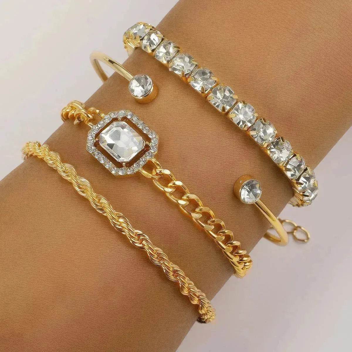 Fashion Jewelry 4 Pcs Crystal Bracelet Set Bohemian Design For Women Vintage Luxury Twisted Cuff Chains Armband Jewelry Accessories