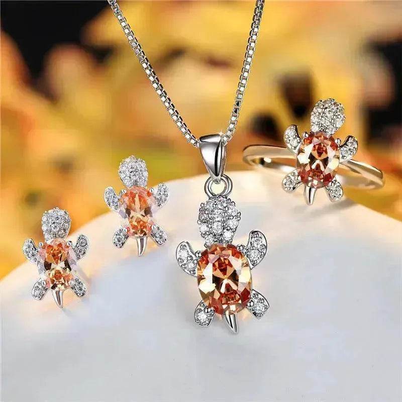 Rhinestone Turtle Pendant Necklace Set – Zircon Crystal Animal Jewellery for Women & Girls | 16 Colours