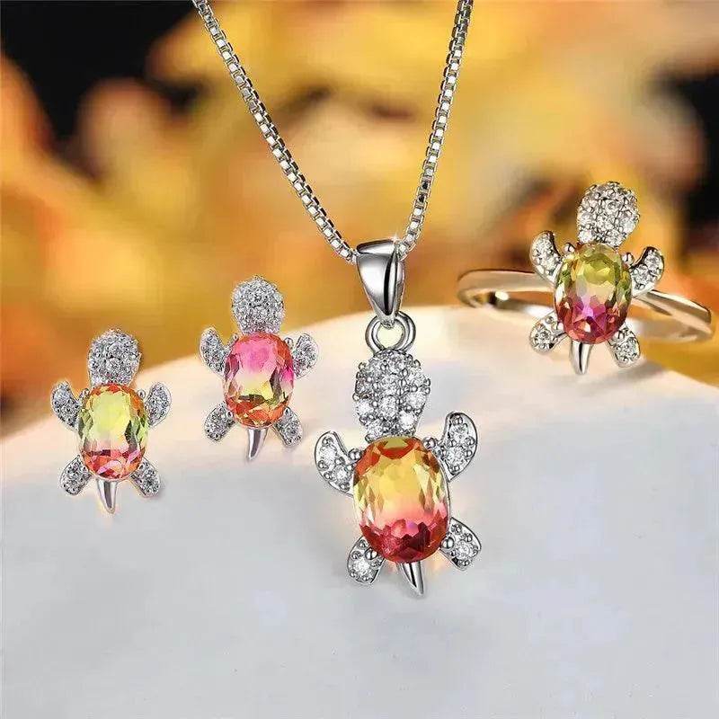 Rhinestone Turtle Pendant Necklace Set – Zircon Crystal Animal Jewellery for Women & Girls | 16 Colours