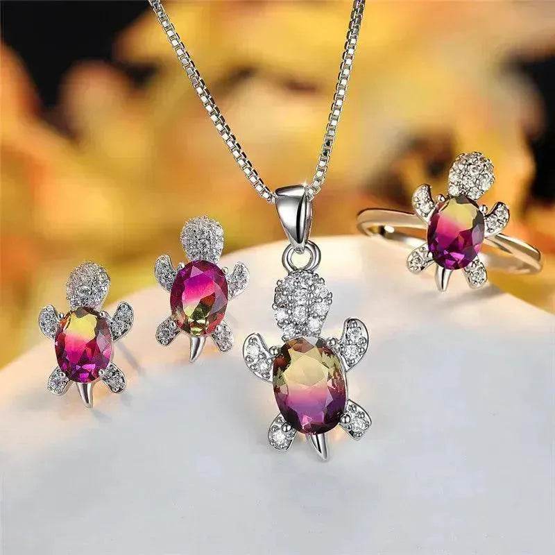 Rhinestone Turtle Pendant Necklace Set – Zircon Crystal Animal Jewellery for Women & Girls | 16 Colours