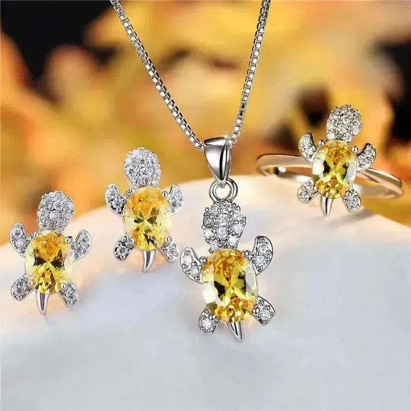 Rhinestone Turtle Pendant Necklace Set – Zircon Crystal Animal Jewellery for Women & Girls | 16 Colours