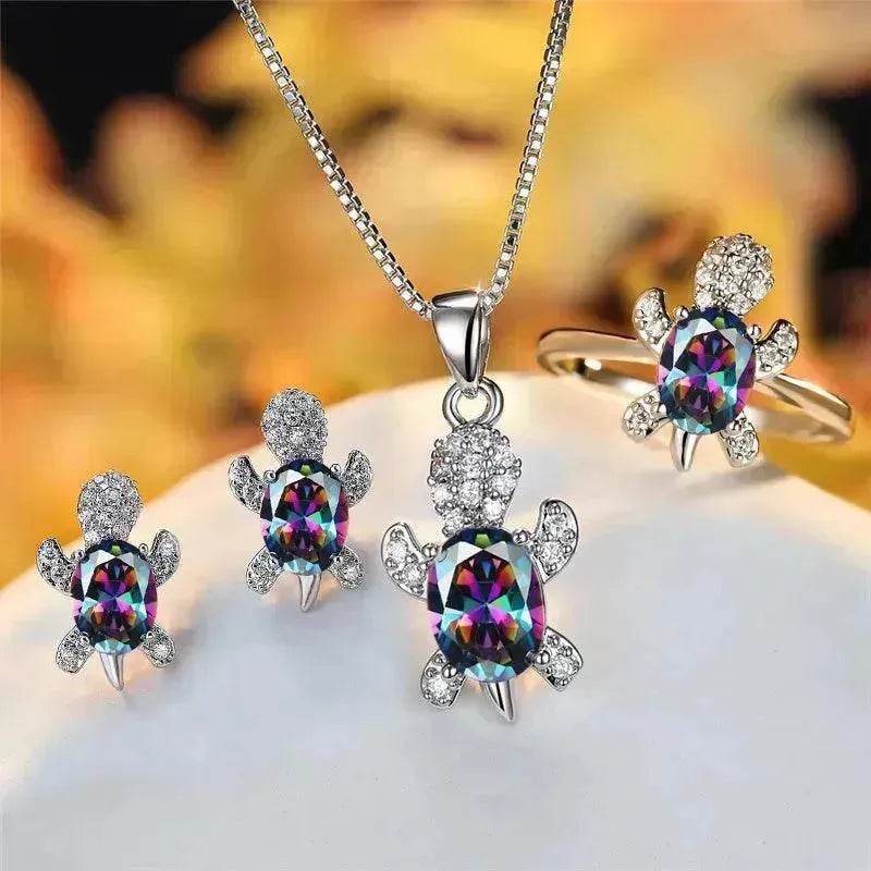 Rhinestone Turtle Pendant Necklace Set – Zircon Crystal Animal Jewellery for Women & Girls | 16 Colours