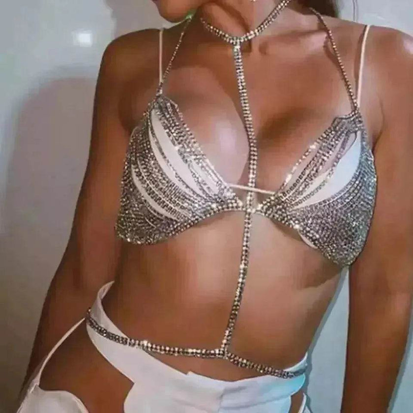 Fashion Shiny Rhinestone Body Chain Women Bikini Bra for Exotic Dance