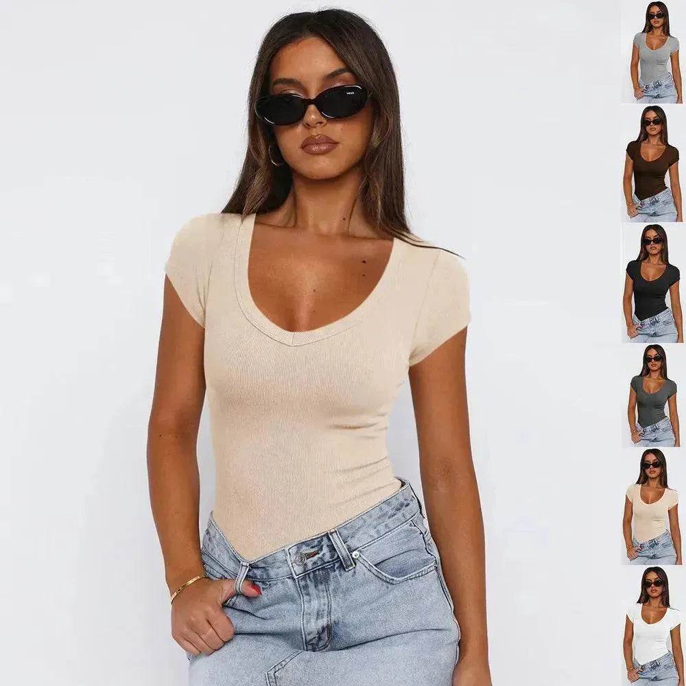 Fashion Spiral Pattern Slim T-shirt Summer Solid Color Charming Short-sleeved Top For Women