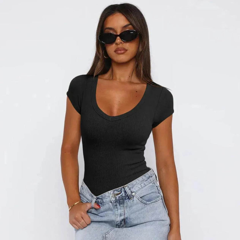 Fashion Spiral Pattern Slim T-shirt Summer Solid Color Charming Short-sleeved Top For Women