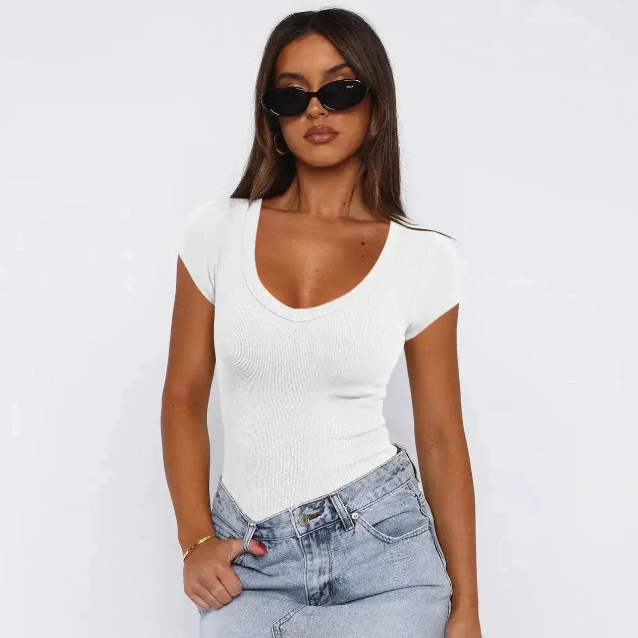 Fashion Spiral Pattern Slim T-shirt Summer Solid Color Charming Short-sleeved Top For Women