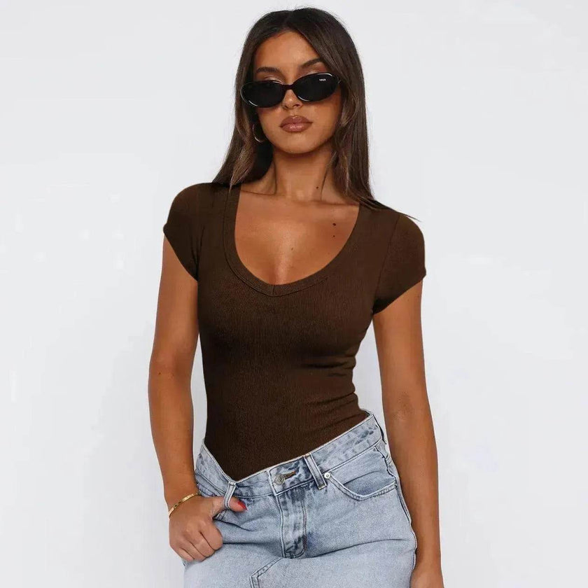 Fashion Spiral Pattern Slim T-shirt Summer Solid Color Charming Short-sleeved Top For Women