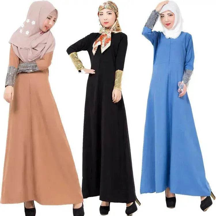 Fashionable Middle East Cuff Stitching Sequined Long Skirt Abaya Dress