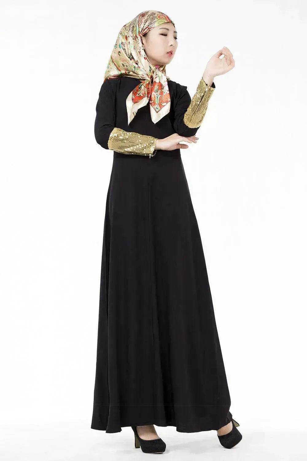 Fashionable Middle East Cuff Stitching Sequined Long Skirt Abaya Dress