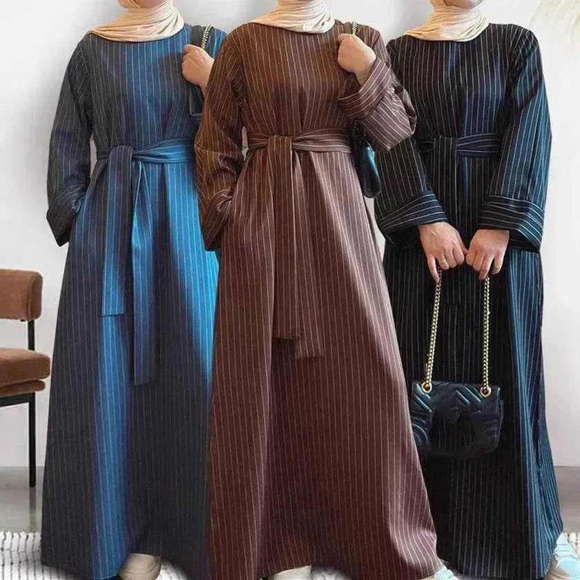 Fashionable Stripe Tunneled Abaya Dress for Elegant Arab Dubai Turkey Middle Eastern women.