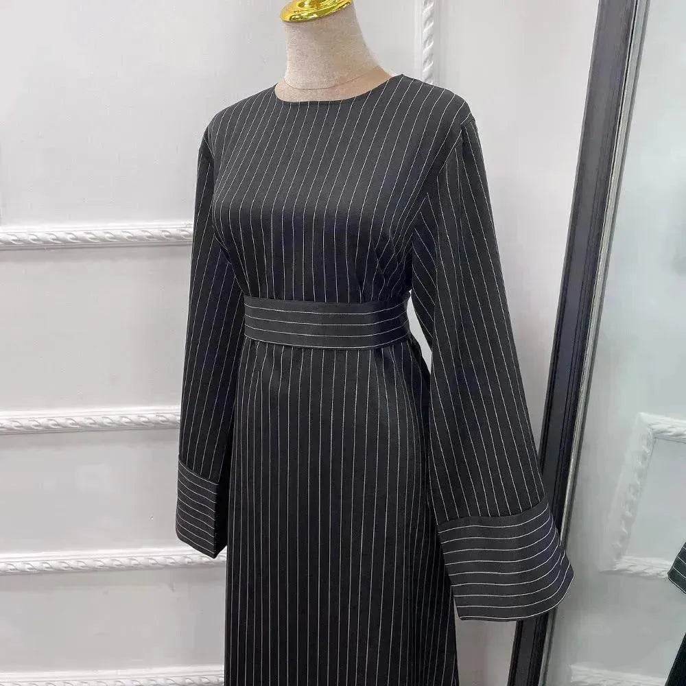 Fashionable Stripe Tunneled Abaya Dress for Elegant Arab Dubai Turkey Middle Eastern women.