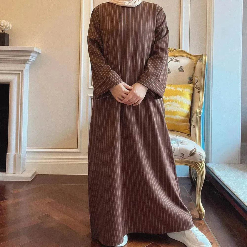 Fashionable Stripe Tunneled Abaya Dress for Elegant Arab Dubai Turkey Middle Eastern women.