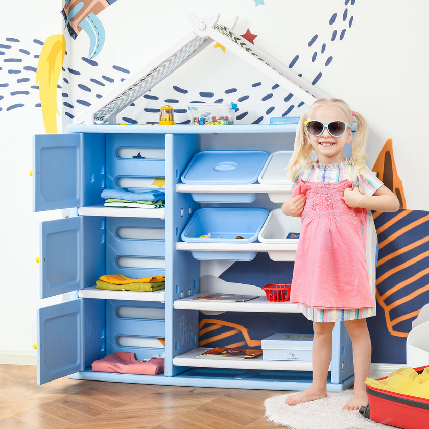 Qaba Kids Toy Storage Organiser, 3 Cabinets, 4 Bins, Bookshelf, ASTM Certified, Ages 3-8, Blue