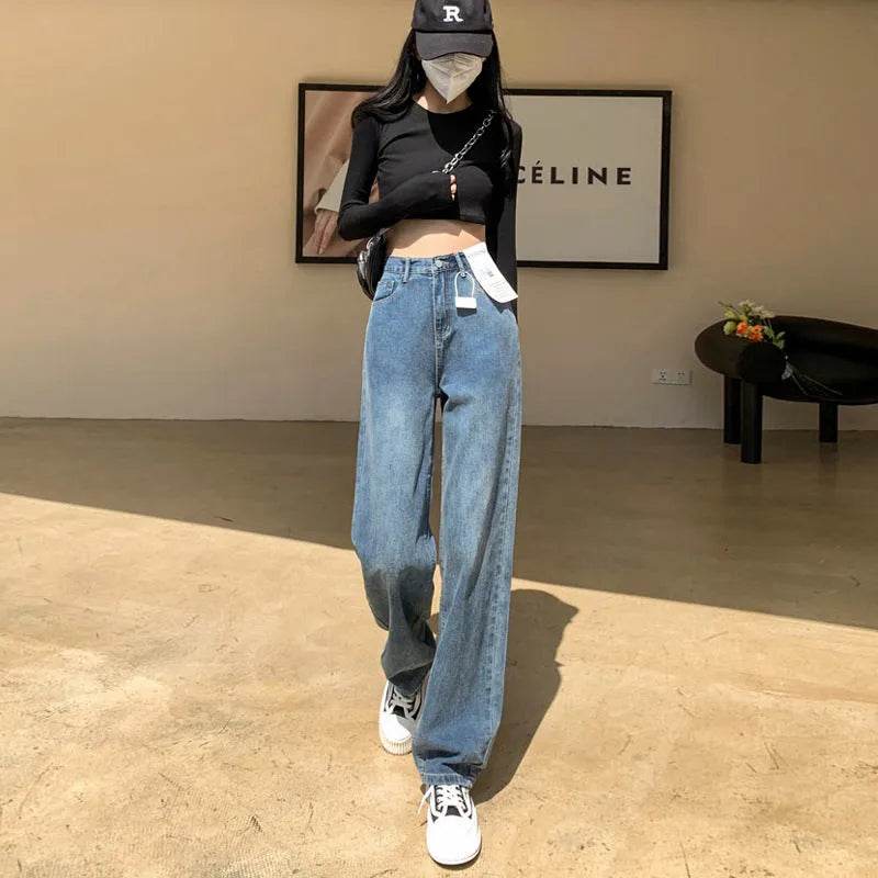 Wide Leg Jeans – High Waist Retro Blue Cotton Pants