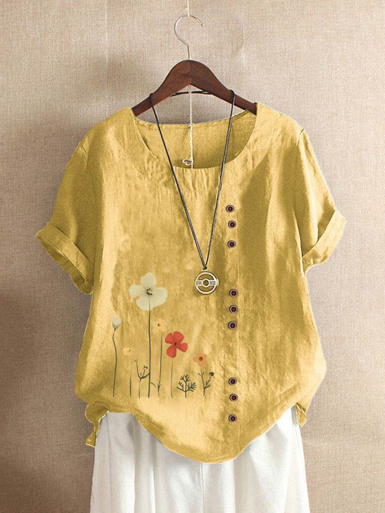 Women's Casual Printed Cotton Linen Short Sleeve Blouse Top