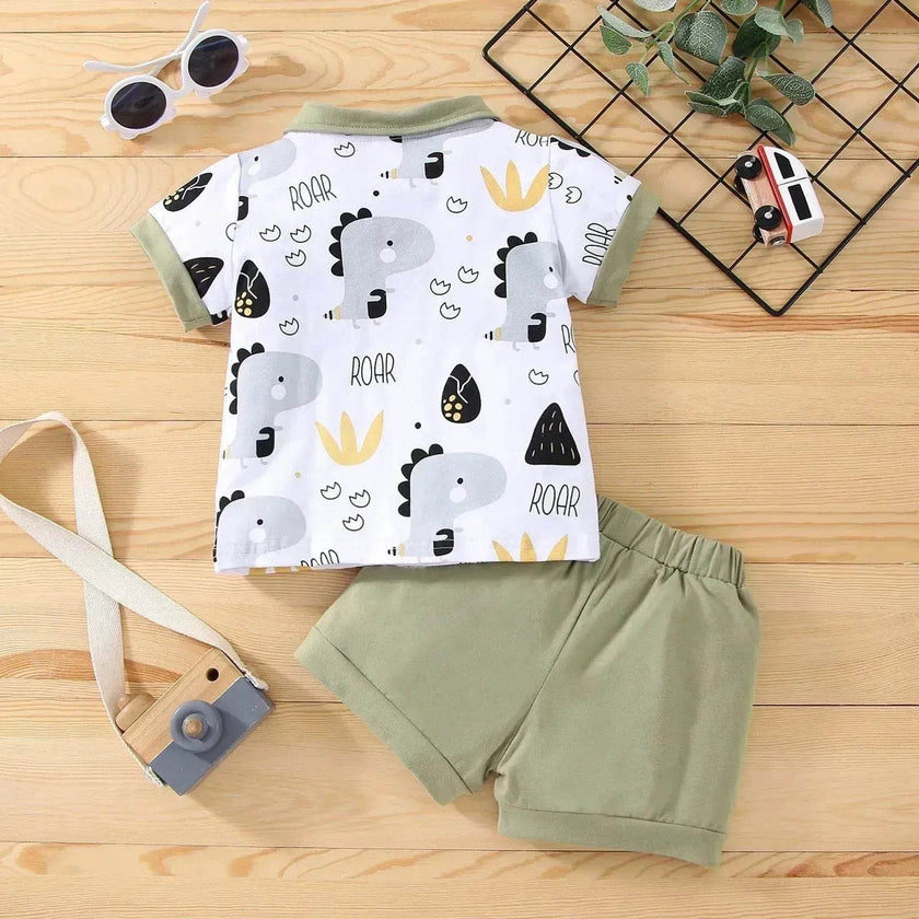 Boy's Little Dinosaur Lapel Cotton Short Sleeve Top Short Pants Suit Two piece for boys.