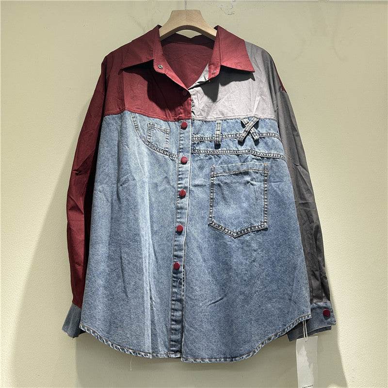 High-grade Contrast Color Patchwork Cotton Denim Long Sleeve Loose Shirt Women