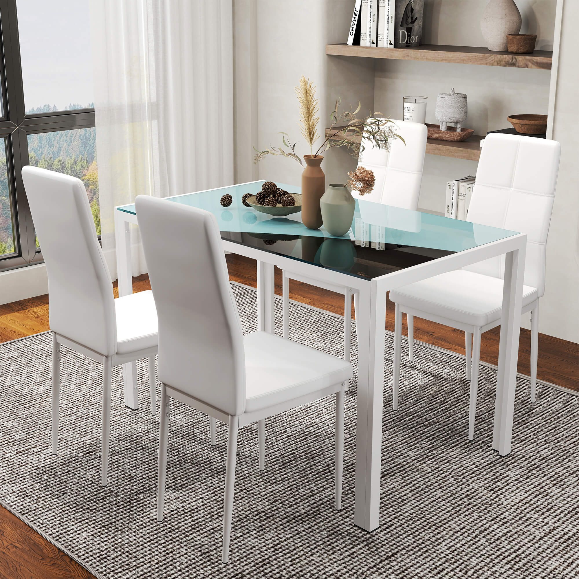 Zaya 5-Piece Rectangular Glass Dining Set for Small Spaces-White