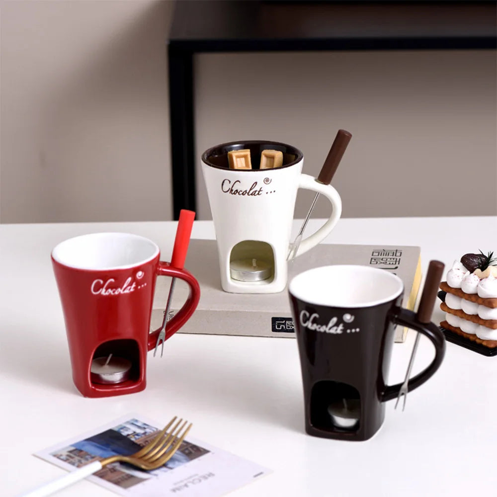 Mini Fondue Mug Set – Personal Ceramic Chocolate & Cheese Melting Pot with Fork (Beige, Coffee & Red)