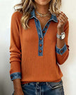 Denim Collar Long Sleeve Patchwork Knit Pullover Top – 16 Colours, S–XXXL