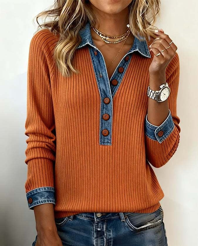 Denim Collar Long Sleeve Patchwork Knit Pullover Top – 16 Colours, S–XXXL