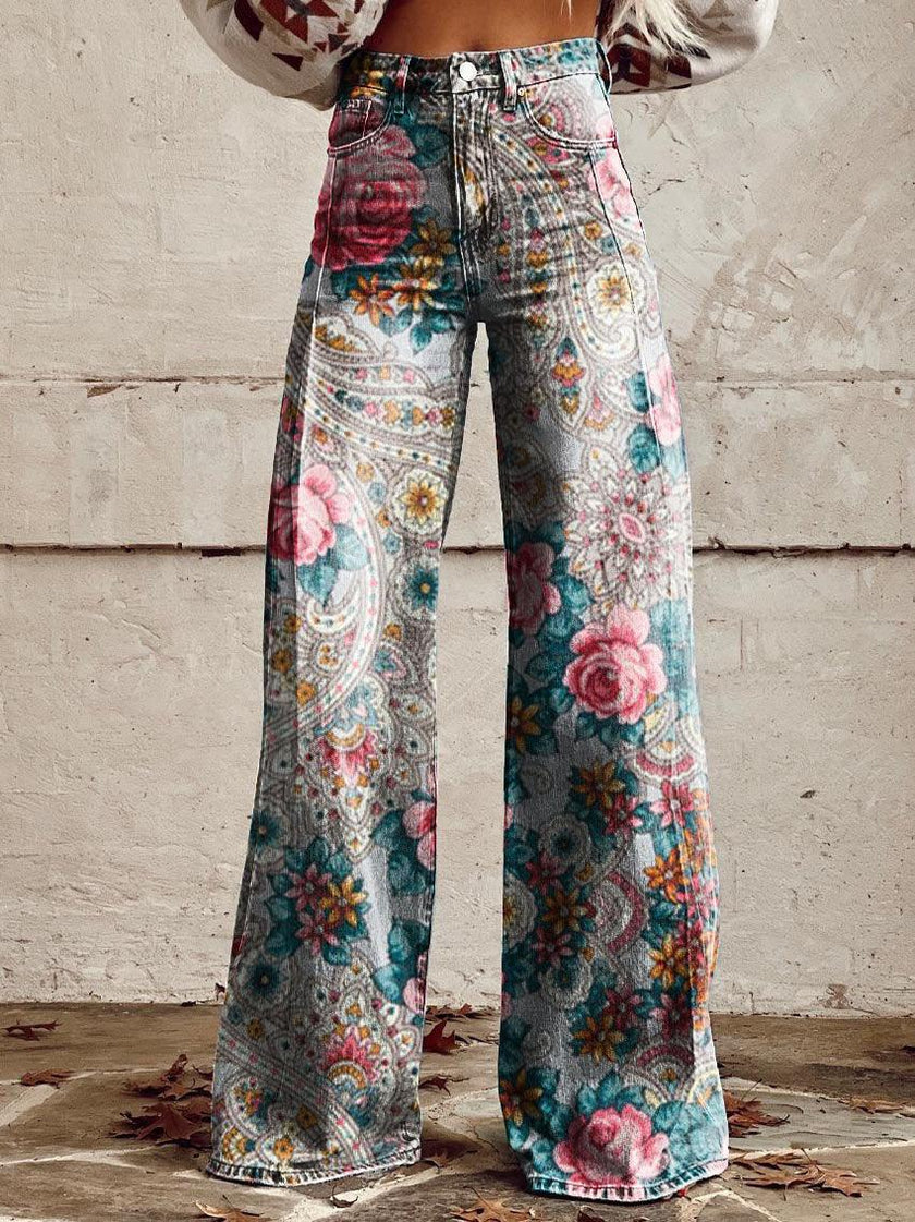 Graphic Printed Pants for Women – Stretch Denim Look Casual Trousers