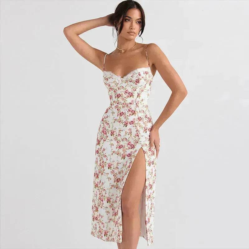 Women's Floral Spaghetti Strap Cami Dress Lace Trim Side Slit Bodycon Midi summer Dress