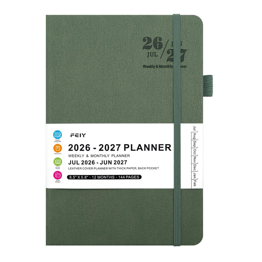 2026–2027 Weekly Monthly Planner Notebook – A5 Faux Leather Cover, 100gsm, Sewn Binding (7 Colours)