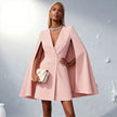 Elegant Cape Blazer Mini Dress For Women, Luxury Double-Breasted V-Neck Formal Dress With Structured Shoulders & Flowing Cape Sleeves.
