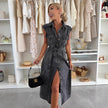 Elegant Lapel Single Breasted Button down Denim Midi Dress Tie belt Split Jeans Dress