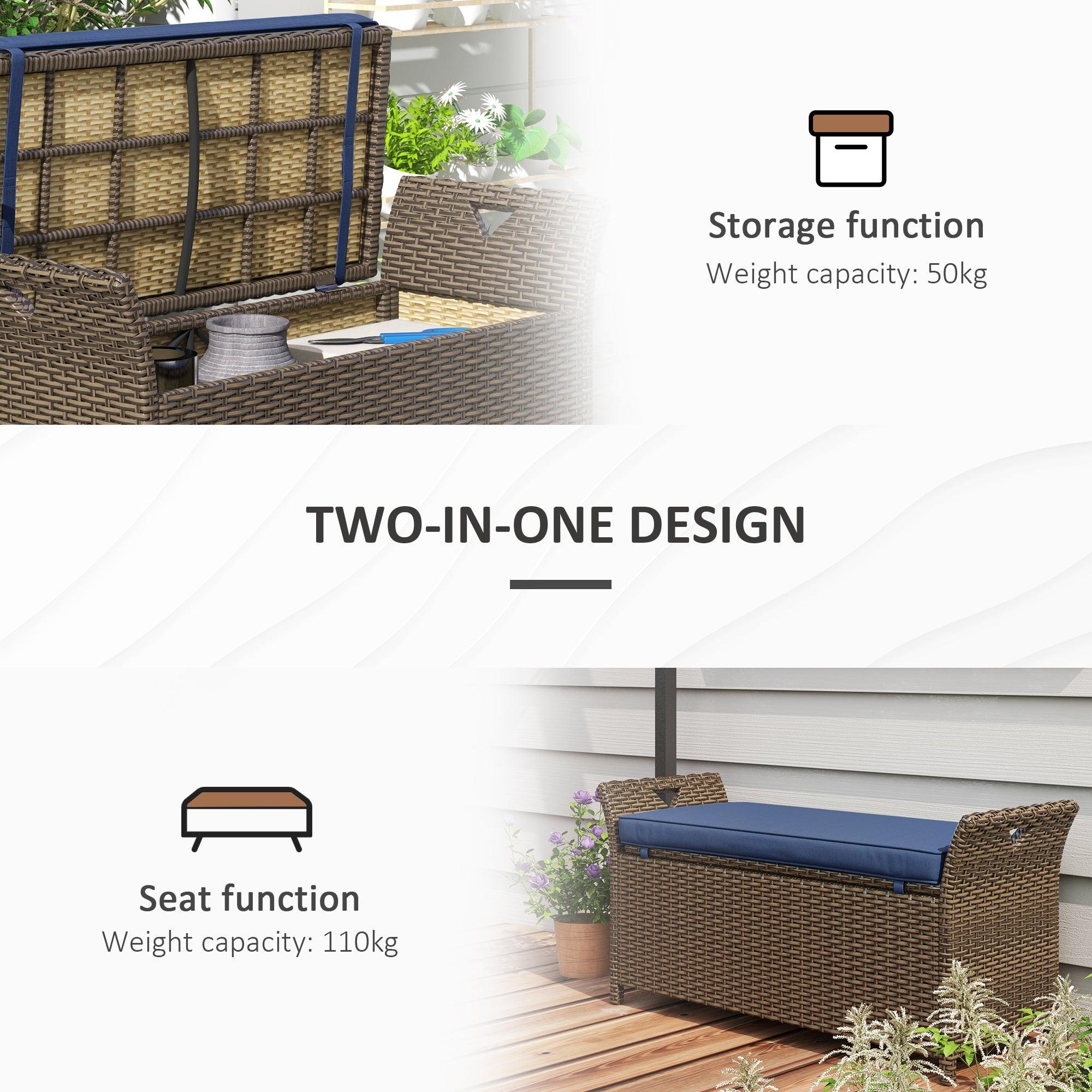 Outdoor Patio Wicker Storage Bench, 2-In-1 Rattan Patio Furniture, 29 Gal Storage Box w/ Cushion, Dark Blue
