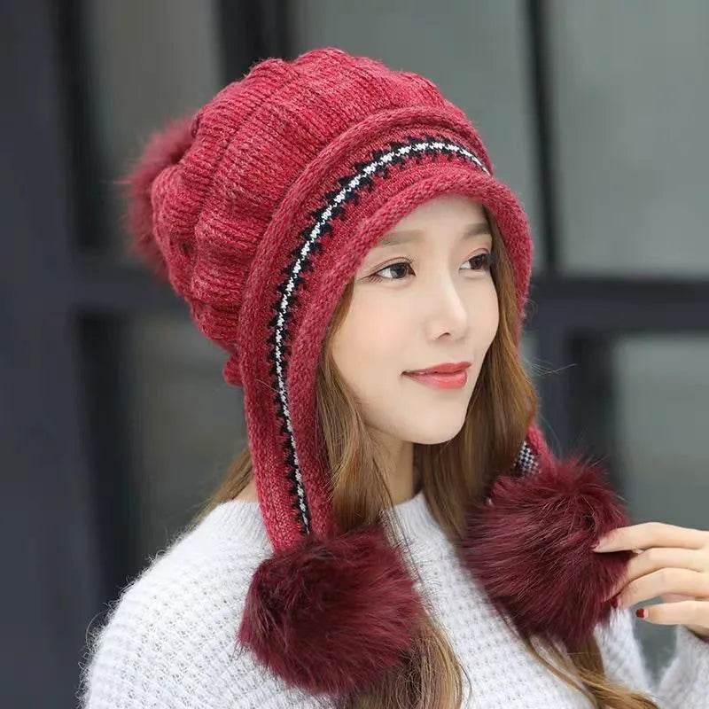 Women Cozy Knit Fleece-Feel Beanie With Ear Flaps Winter Hat Perfect For Skiing & Outdoor Activities