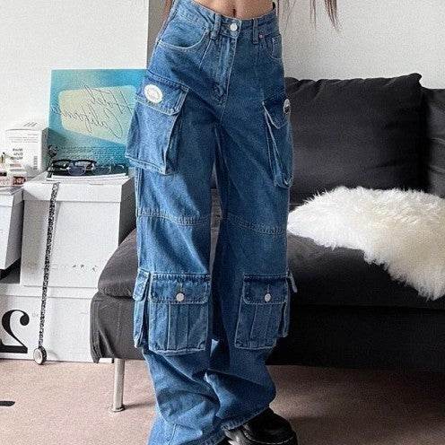 Blue Denim Pant Baggy Boyfriend Cargo Jeans for Women