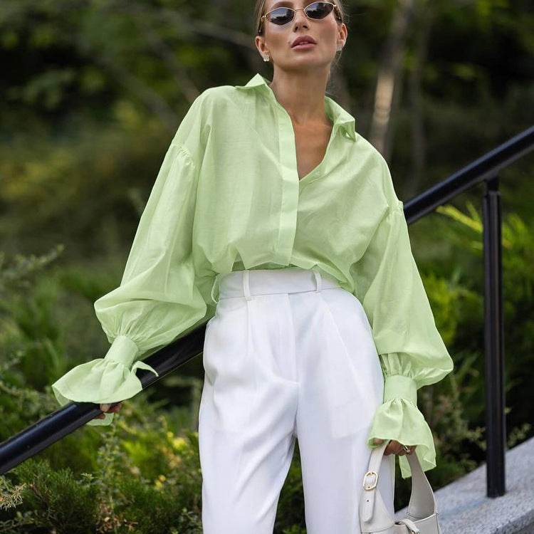 Loose Lapel Lantern Long Sleeves Blouse Shirt For Women