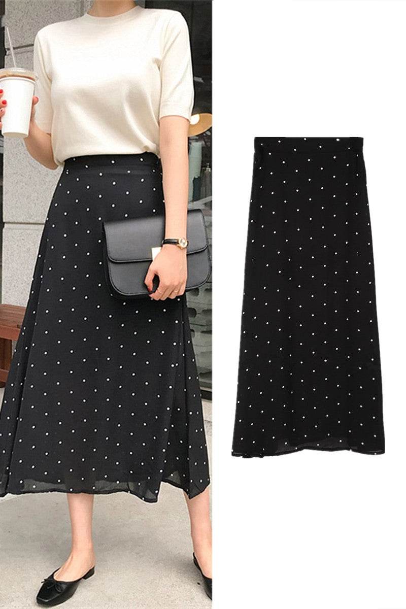 Polka dot High waist Chiffon Flowy Midi skirt women