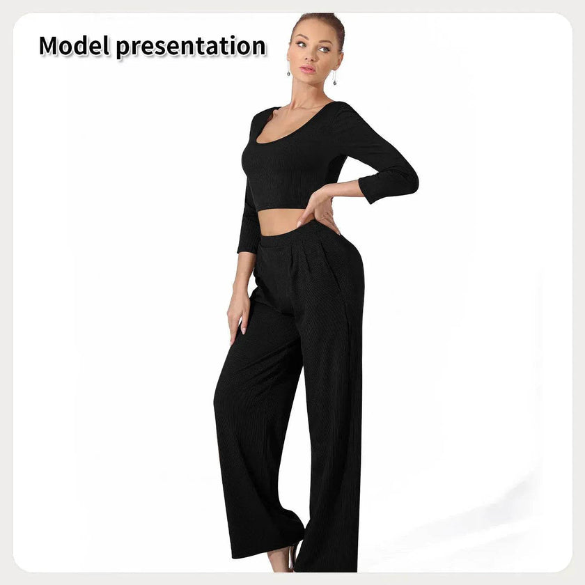 Women Fashion Casual Matching 2pcs set Long Sleeve Crop top and Pant set
