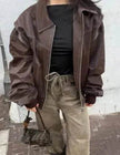 Oversized Fashion Zip-up Lapel Leather Jacket for women
