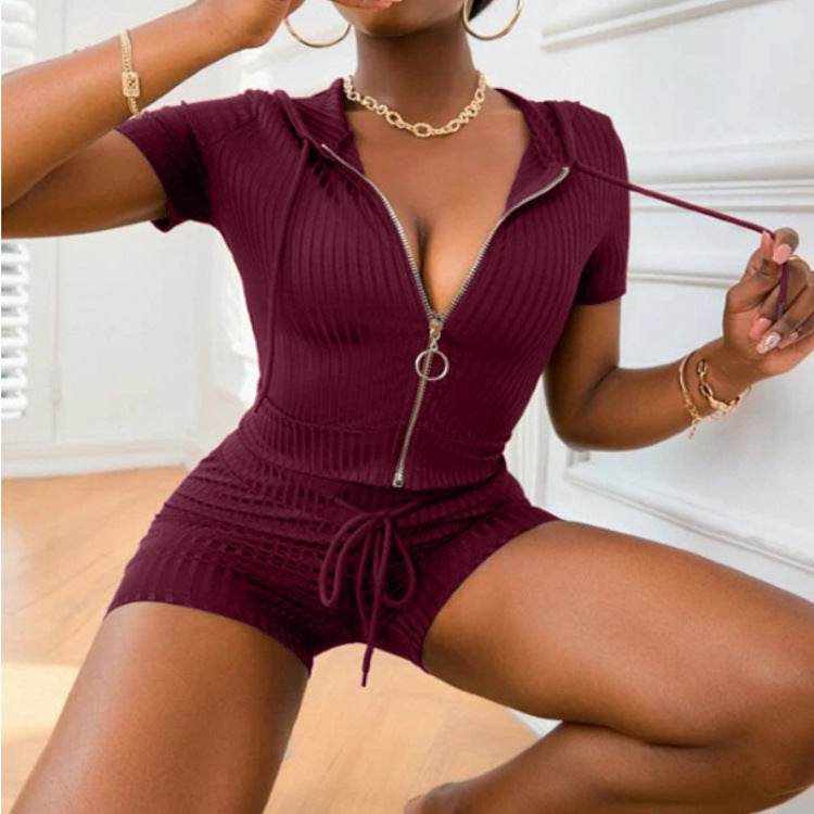 Women Fashion Summer 2pcs Drawstring Hoodie Athleisure wear Short set