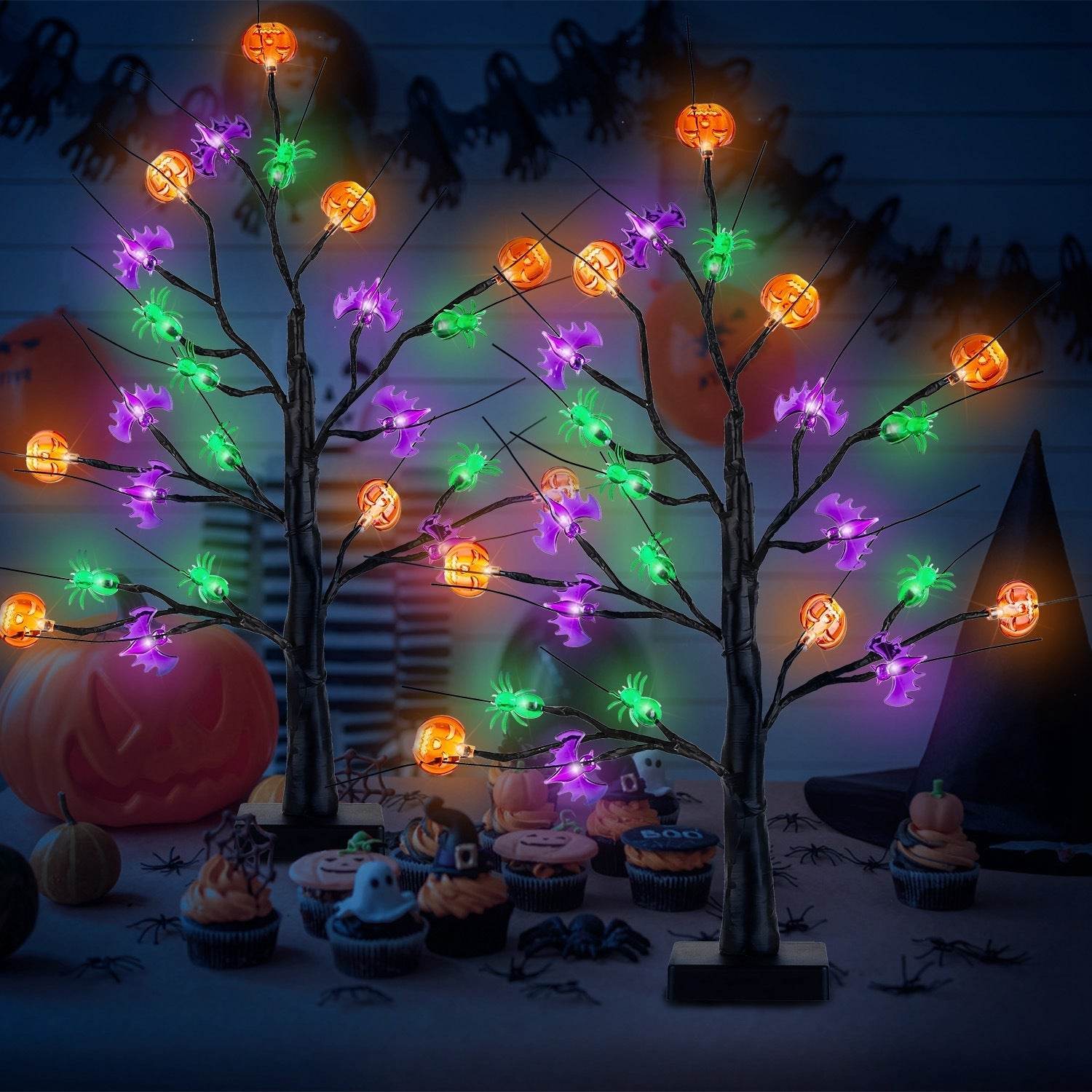 2Pack 1.97FT Lighted Halloween Trees Halloween Indoor Decorations Black Halloween Tree Lights With Timer Adjustable Twigs For Tabletop Party