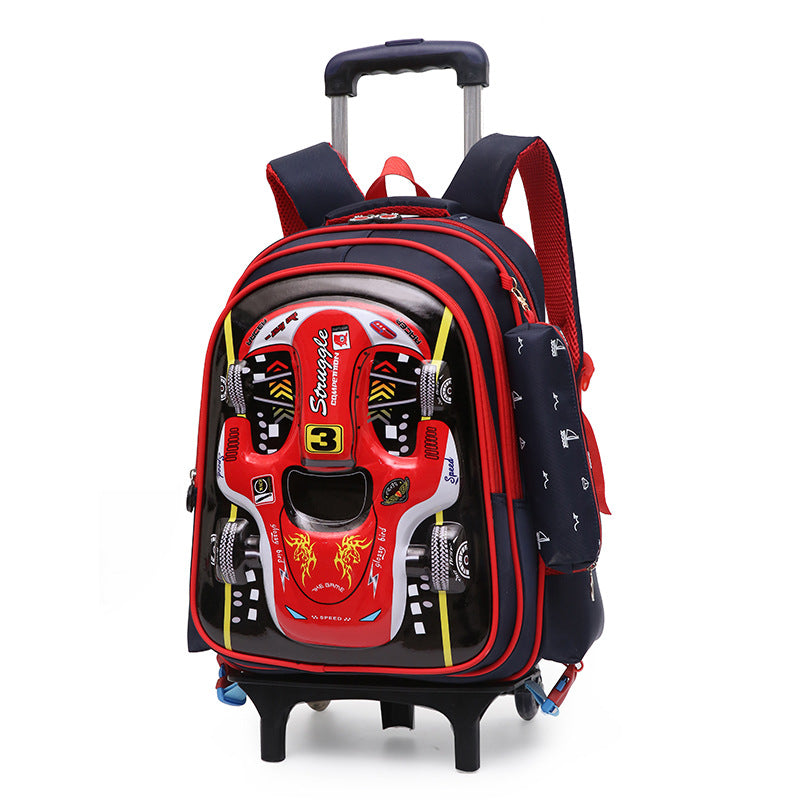 3D Car Trolley Waterproof Kids School Backpack with Wheels – Blue & Red