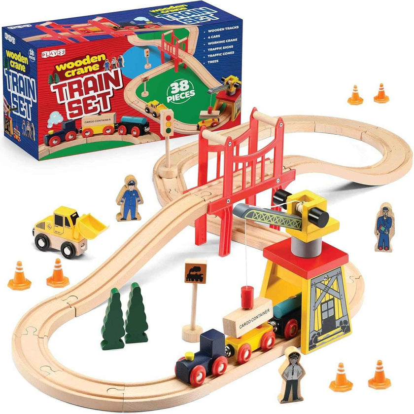 Play22 - 38-Piece Wooden Train Crane and Bridge Set