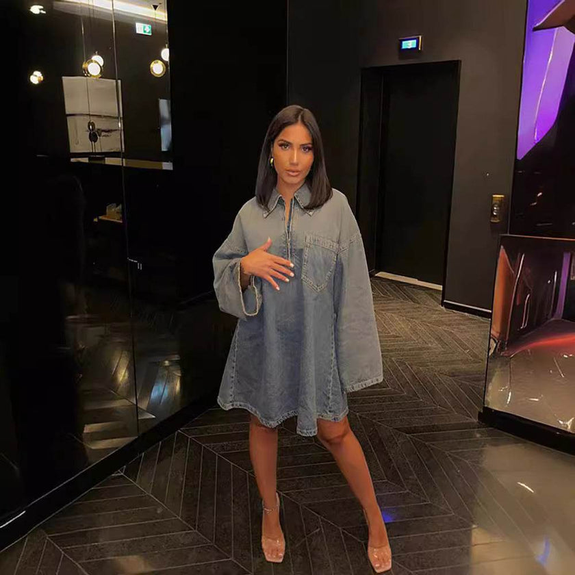 Lapel Patch Pocket Bell Sleeve Denim Dress