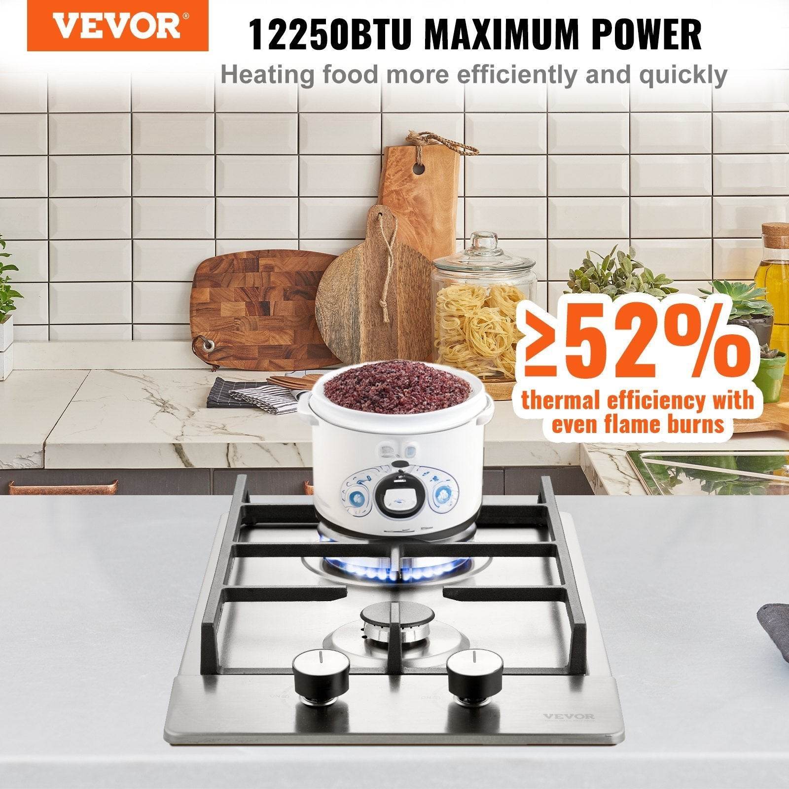 Gas Cooktop 12 Inch, Max 12250BTU 2 Burners Built-in Stainless Steel Gas Stove Top, LPG NG Convertible Dual Fuel Natural Gas Hob With Thermocouple Protection