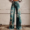 Women's Graphic Print Wide Leg Distressed Denim Pants – Plus Size Straight Leg Casual Jeans