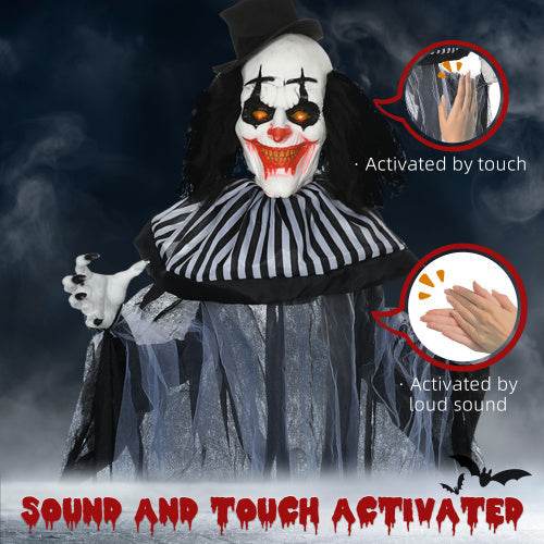 HOMCOM 6 Life Size Outdoor Halloween Decoration, Classic Black And White Striped Clown Animatronic, Sound And Motion Activated Animated Prop With Light Up Eyes  Sounds