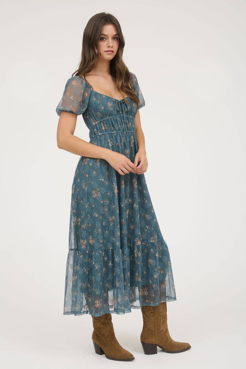 Twilight Garden Dress | Chiffon Puff Sleeve Midi Dress