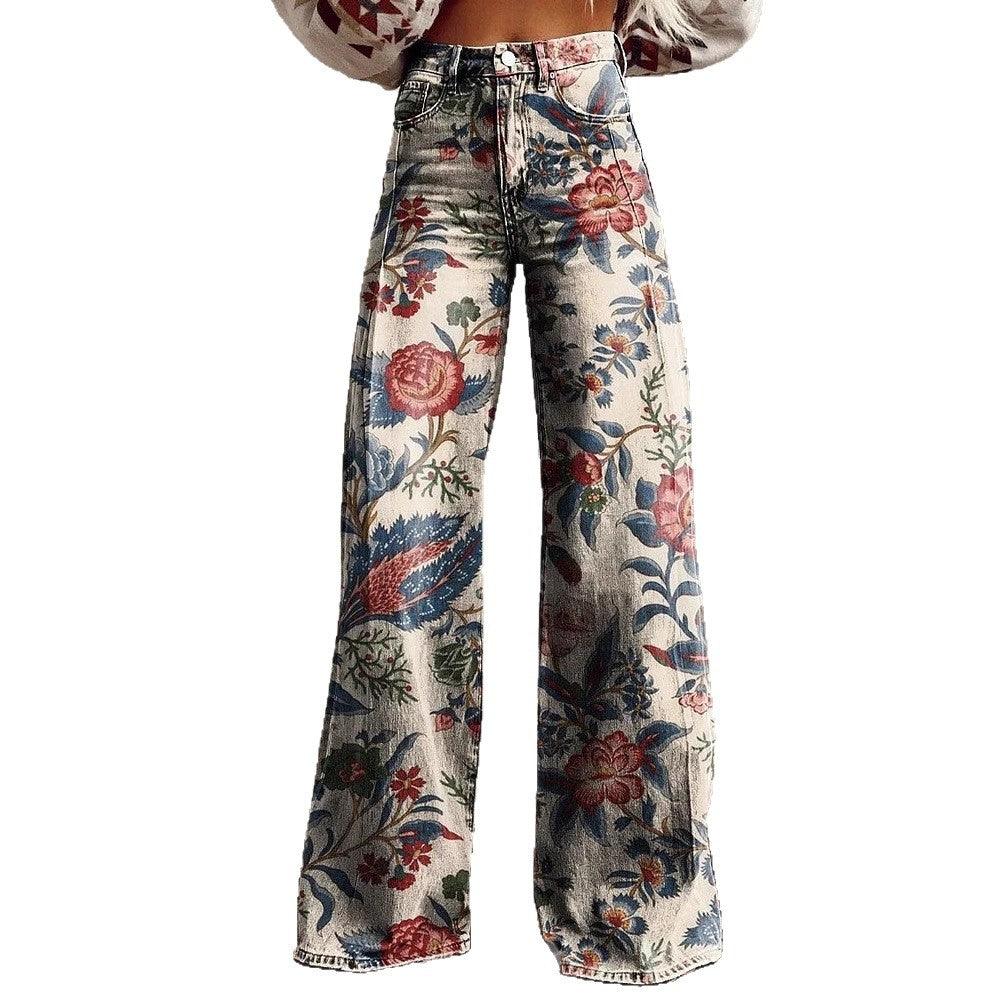 Graphic Printed Pants for Women – Stretch Denim Look Casual Trousers