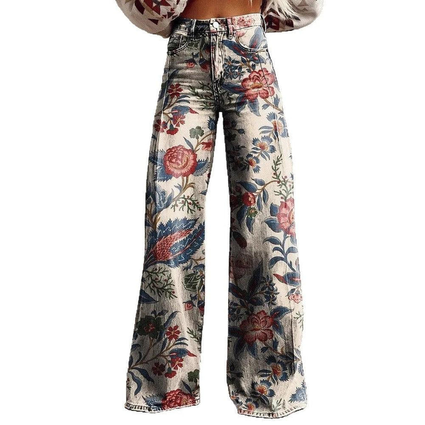 Graphic Printed Pants for Women – Stretch Denim Look Casual Trousers